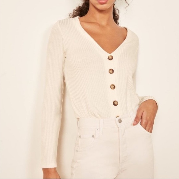 NWOT Reformation Jeans Iris Ivory Ribbed V-Neck Cardigan Top Size Medium - Picture 12 of 12